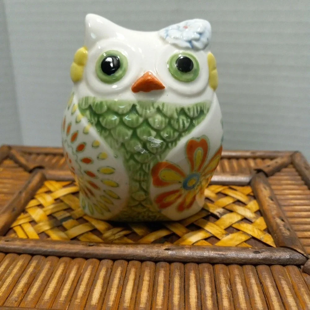 Pier 1 Imports Owl Salt And Pepper Shakers With flowers.